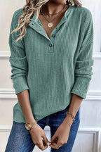 Solid Rib-Knit Half Button Long Sleeve T-Shirt