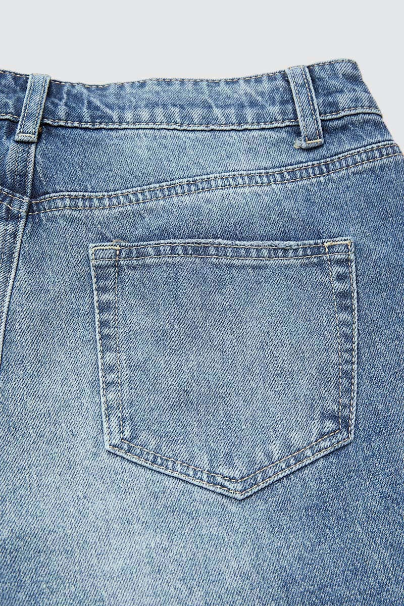 Split Raw Hem Mid Waist Denim Mid Thigh Shorts