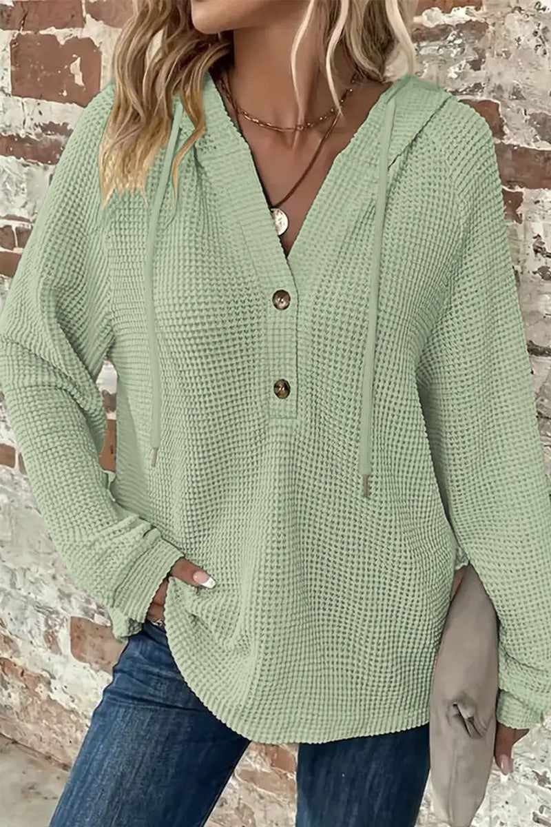 Waffle Knit Half Button Placket Drawstring Hooded Long Sleeve T-Shirt