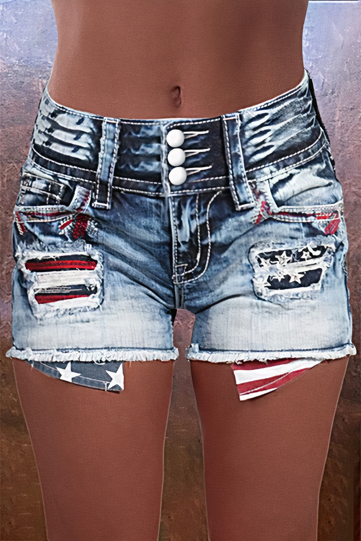 American Flag Patched Button Fly Cut Out Denim Shorts