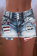 American Flag Patched Button Fly Cut Out Denim Shorts