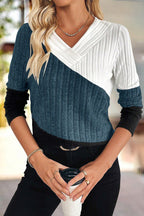 Colorblock Rib Knit Asymmetrical V Neck Long Sleeve T-Shirt