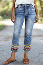 Raw Hem Embroidery Mid Waist Straight Leg Crop Jeans