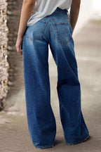 Wash Patch Pocket Raw Hem Mid Rise Straight Leg Jeans Without Belt