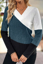 Colorblock Rib Knit Asymmetrical V Neck Long Sleeve T-Shirt