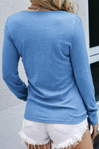 Solid Button Front Round Neck Long Sleeve T-Shirt