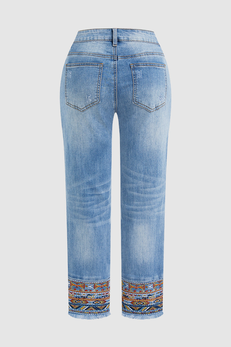 Tribal Embroidery Raw Hem Mid Rise Straight Leg Crop Jeans