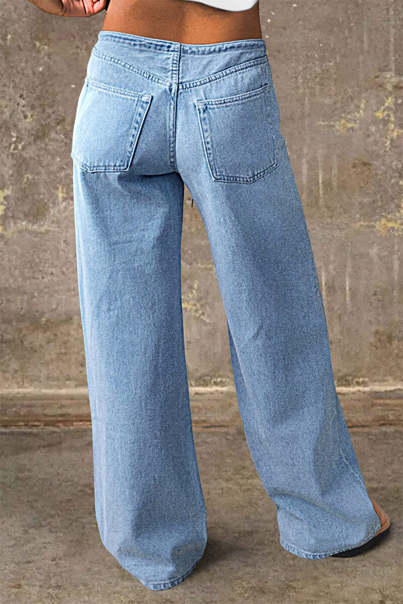Drawstring Adjustable Mid Waist Straight Leg Jeans