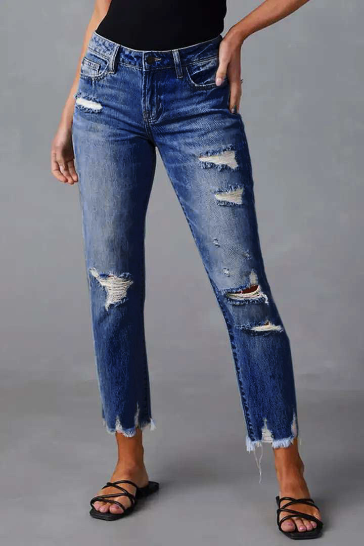Wash Ripped Raw Hem Mid Rise Crop Jeans