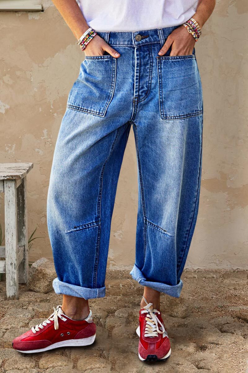Roll Hem Stitch Detail Patch Pocket High Waist Barrel Leg Crop Jeans