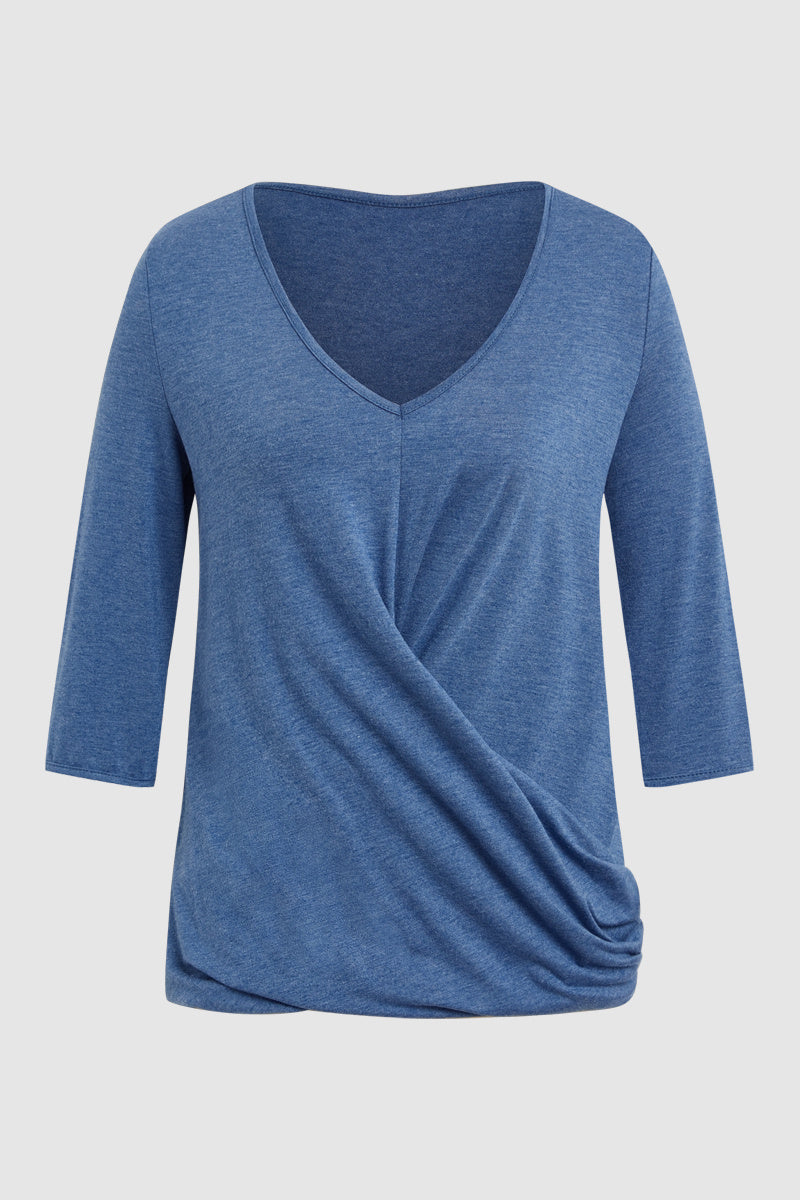 Solid Asymmetrical Wrap V Neck Half Sleeve T-Shirt