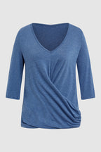 Solid Asymmetrical Wrap V Neck Half Sleeve T-Shirt