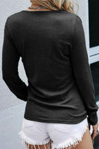 Solid Button Front Round Neck Long Sleeve T-Shirt