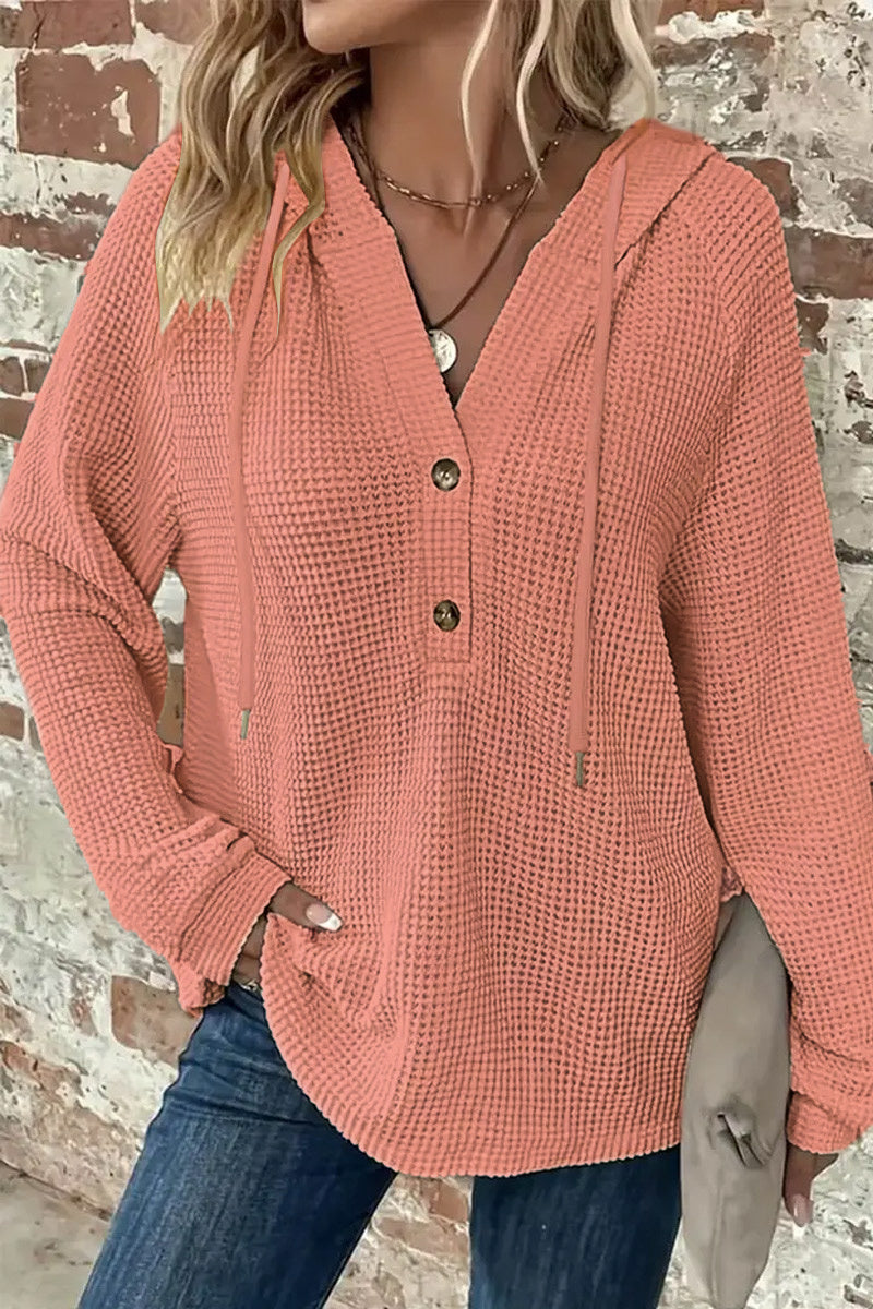 Waffle Knit Half Button Placket Drawstring Hooded Long Sleeve T-Shirt