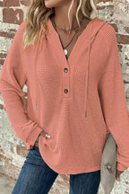 Waffle Knit Half Button Placket Drawstring Hooded Long Sleeve T-Shirt