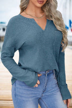 Waffle Knit Pocket Front Notched Neck Long Sleeve T-Shirt