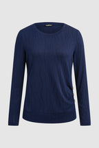 Textured Button Side Round Neck Long Sleeve T-Shirt