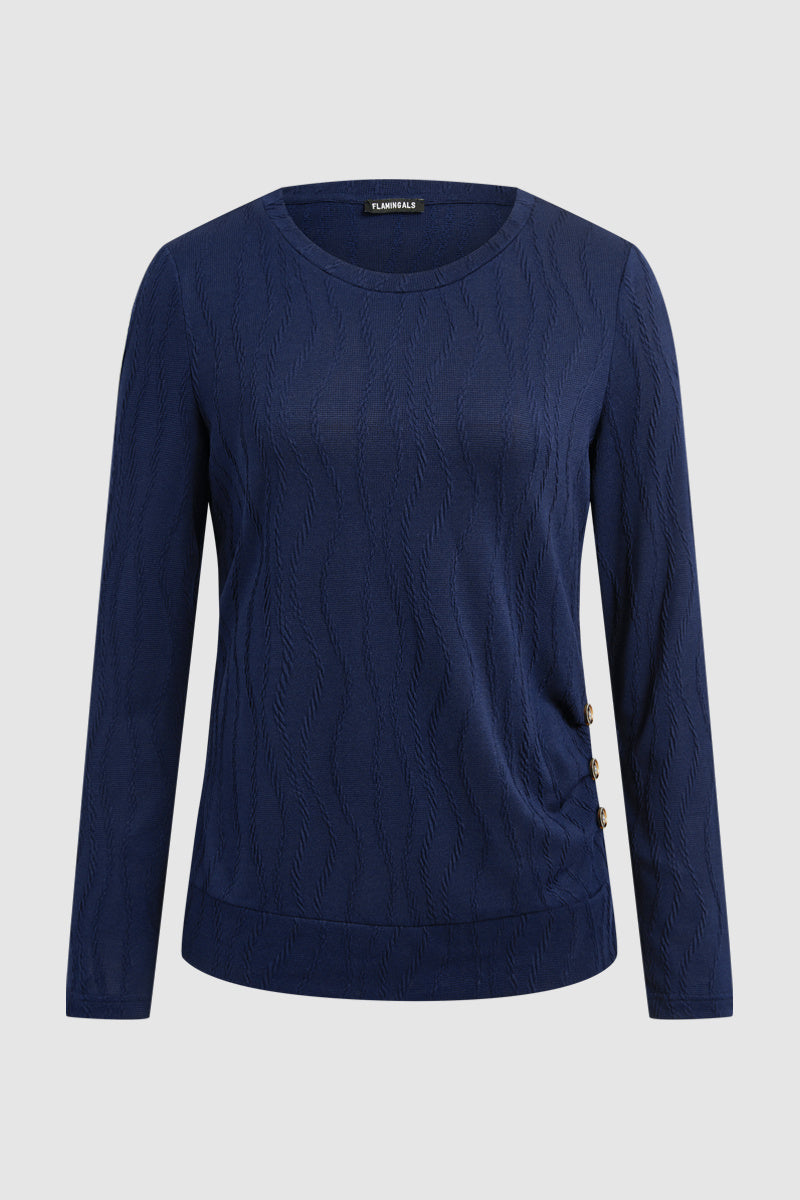 Textured Button Side Round Neck Long Sleeve T-Shirt