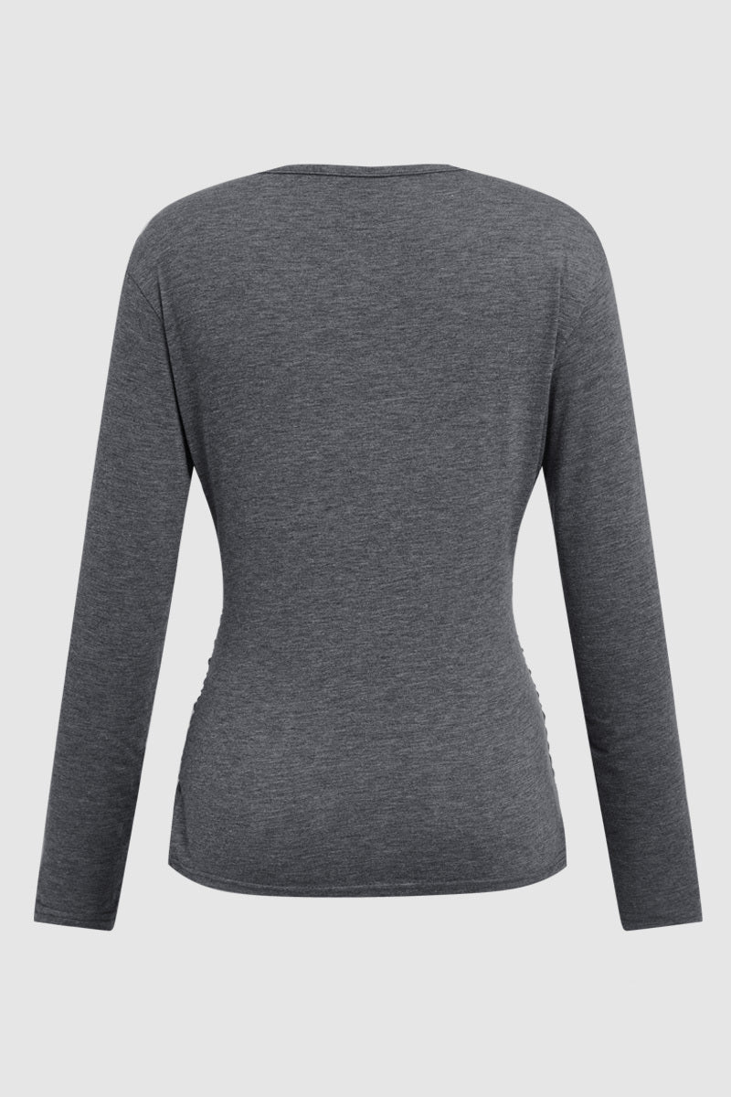 Solid Wrap Ruched V Neck Long Sleeve T-Shirt