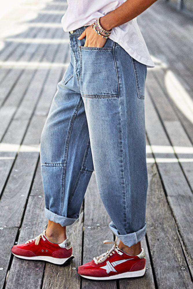 Roll Hem Stitch Detail Patch Pocket High Waist Barrel Leg Crop Jeans